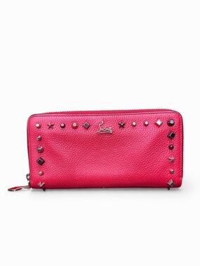 Christian Louboutin Red Studded Zip Around Wallet Leather Spike Star Continental